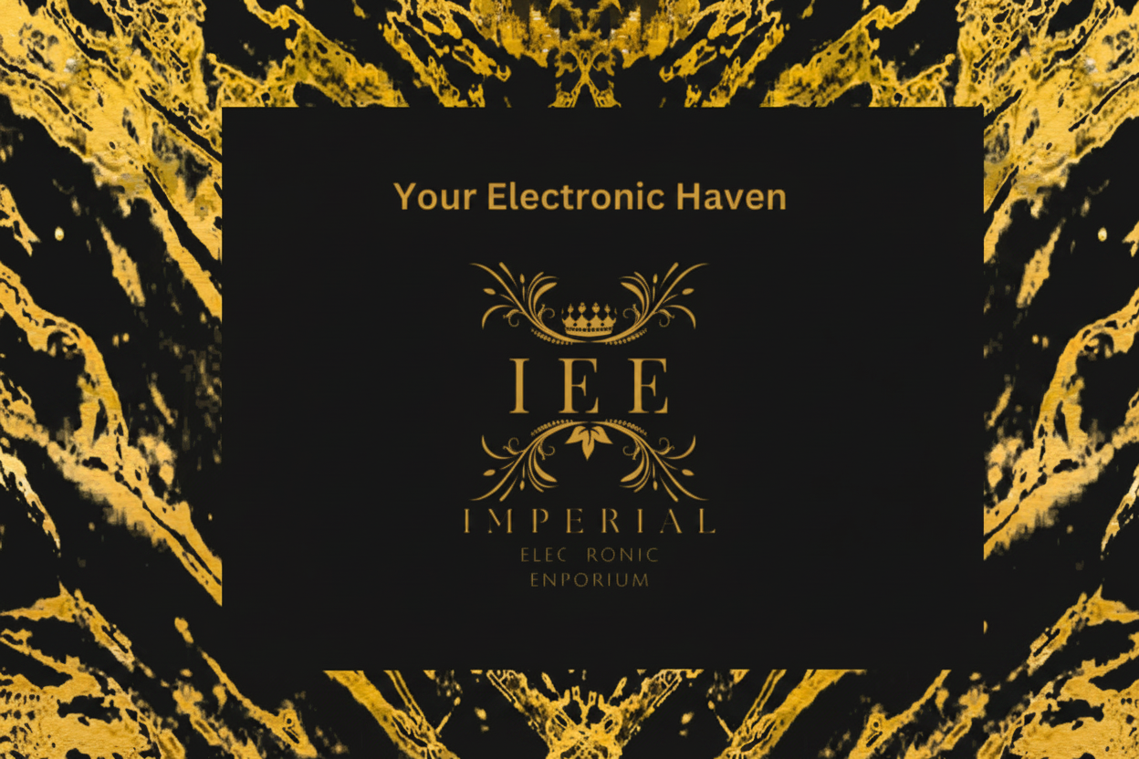 Decorative design with gold and black patterns on a black background, featuring the text 'Your Electronic Haven' and 'IEE Imperial'.